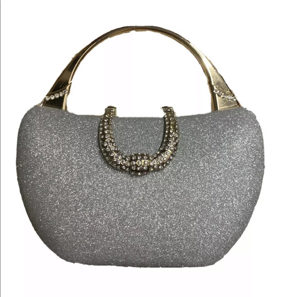 Womens Clutch Purse Glitter Silver w/ Gold Accents